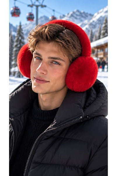 HAZAL KAYA ATELIER Red, Soft-Textured Plush Headphones for Men with a Crown D...