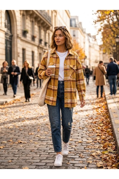 Polologin Butik سترة نسائية أوفر سايز بنقشة كاروهات الصفراء على طراز قميص فلا...
