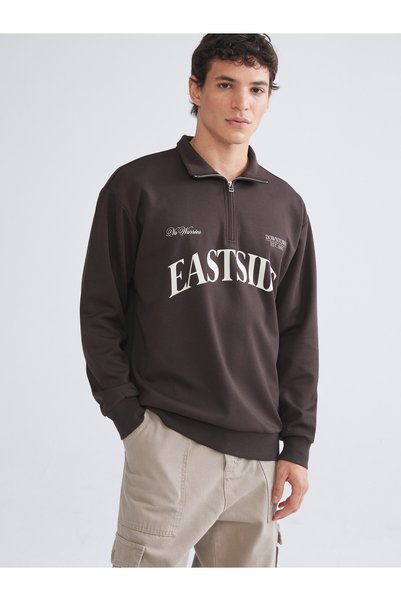 LC Waikiki XSIDE Brown Interlock-Printed Loose & Baggy Men's Sweatshirt—The N...
