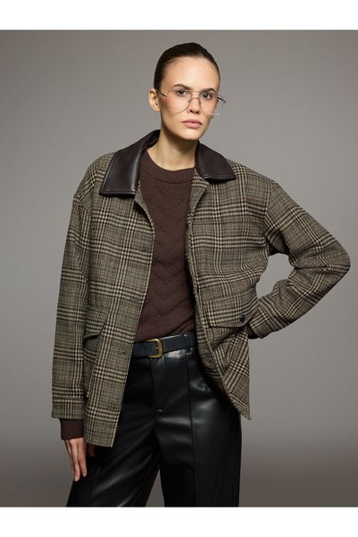 LC Waikiki Nevavm Lcw Vision Brown Cashmere Plaid Oversize Women's Jacket wit...