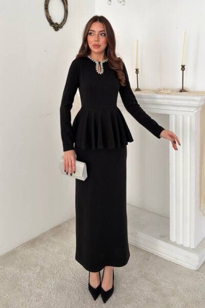 Elbee Fashion Woman Rochie neagră cu volane și broderie la guler