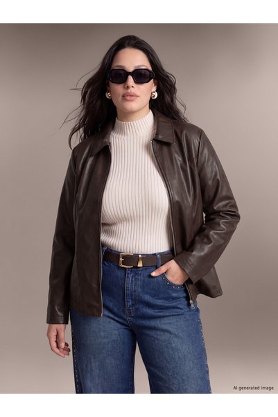 LC Waikiki LCW Curve Brown Faux Leather Straight-Cut & Slim-Fit Women's Leath...