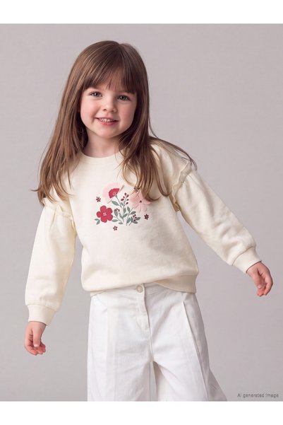 LC Waikiki Alita City Lcw Baby Ecru Embroidered Baby Girl Sweatshirt with a D...
