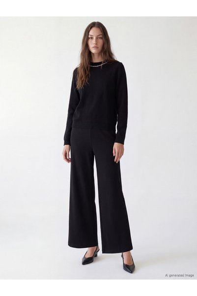 LC Waikiki LCW Modest Black Crepe Straight-Leg, Loose & Wide-Leg Women's Pant...