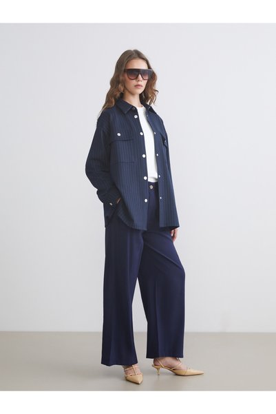 LC Waikiki LCW Modest Navy Blue Solid Loose & Wide-Leg Women's Pants, Featuri...
