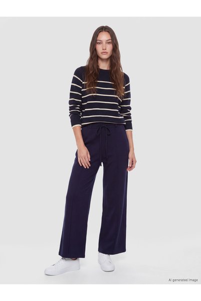 LC Waikiki LCW Modest Navy Gabardine Plain Comfort & Relax Wide-Leg Women's P...