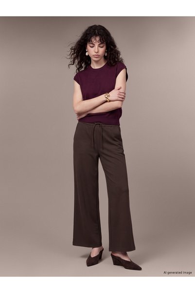 LC Waikiki LCW Petite Brown Gabardine Straight-Leg Comfort & Relax Wide-Leg W...