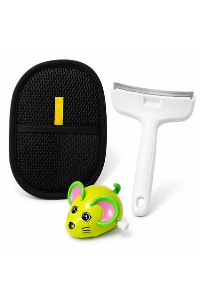 Busstier Mouse Tracks – Wind-Up Mouse Cat Toy and Fur Remover, Comb Set