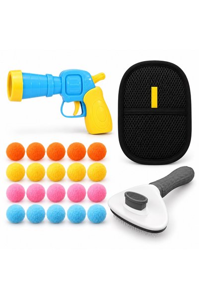 Busstier Pom-Pom Time – Pom-Pom-Shooting Cat Toy Gun and Fur Remover, Comb Set