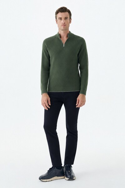 Jakamen Pulover verde Comfort Fit, cu guler înalt și fermoar parțial