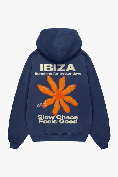 Sekizbiraltı Ibiza-Printed Oversized Indigo Unisex Hoodie