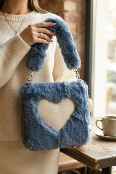 House ID Blue Plush-Patterned Checked Square Women's Clutch Bag