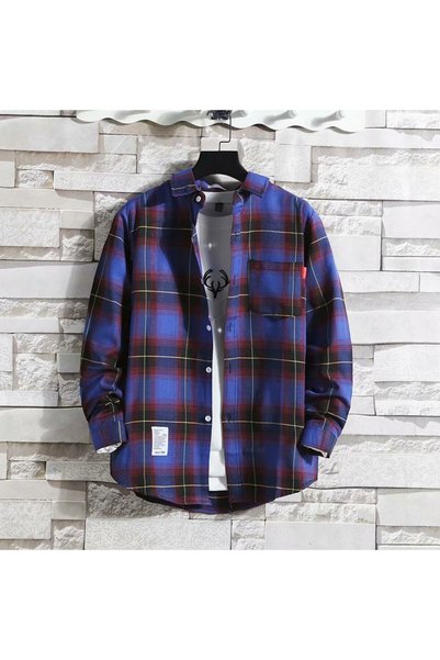 hanzhi Men Plaid Long Sleeve Shirt Loose Cotton Blend