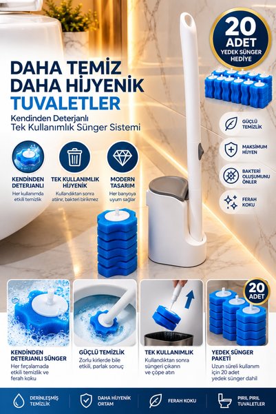 clyveo cleaning Tuvalet Temizlik Seti ve Kullan At 10 Adet Deterjanlı Tuvalet Yedek Sünger