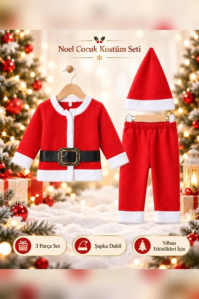 Kidsmadamiko زي عيد الميلاد المكون من 3 قطع للأطفال الذكور: طقم من صوف أحمر م...