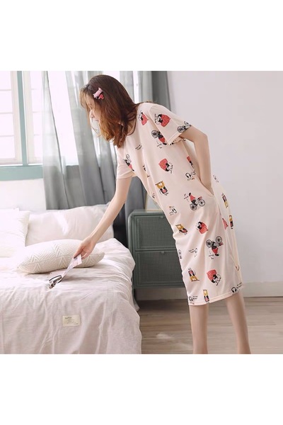 hanzhi بيجامات نسائية صيفية قصيرة الأكمام من القطن مزينة برسوم كرتونية...