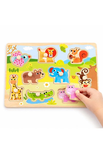 Tooky Toy Puzzle Montessori din lemn cu animale sălbatice, 18+ luni, 9 piese ...