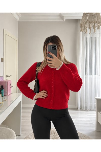 Ekim Store Crew-Neck Lace-Trimmed Button-Up Knit Sweater