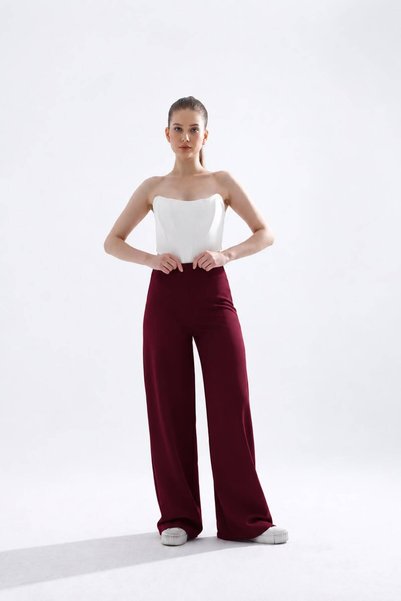 MevaMoss Side-Zip Closure Stretch High-Waisted Burgundy Wide-Leg Pallazo Pant...