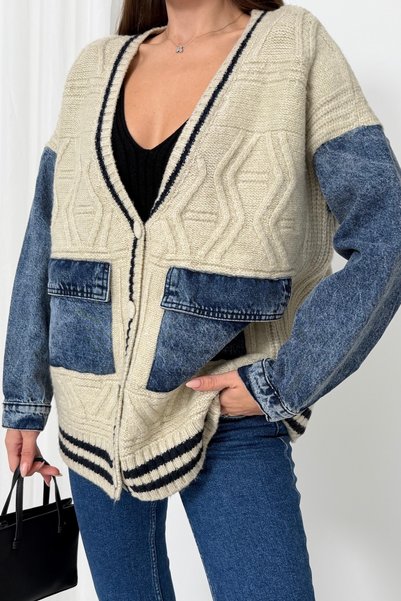 NEW JOURNAL Women's Stone-Washed Denim-Paneled Braided Knit Cardigan NX4001