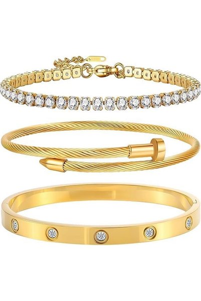 CHANEDE Gold Plated Bangle Bracelets for Women Stackable 18K Gold Plated Stai...