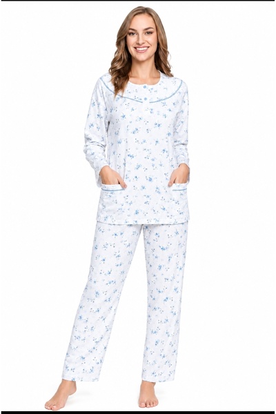 Kadın %100 Pamuk Kalın Mevsimlik Jakarlı Kışlık Uzun Kol Anne Pijama Takımı