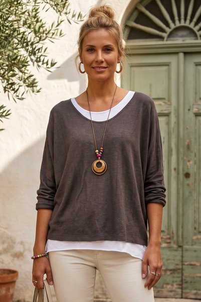Chiccy Italian Collar 3-Piece Set: Brown V-Neck Long-Sleeve, Sleeveless, and ...