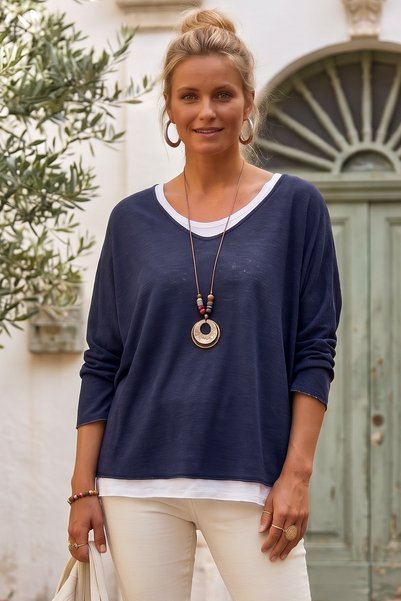 Chiccy Italian-Style Collar 3-Piece Set: Navy Blue V-Neck Long-Sleeve and Sle...