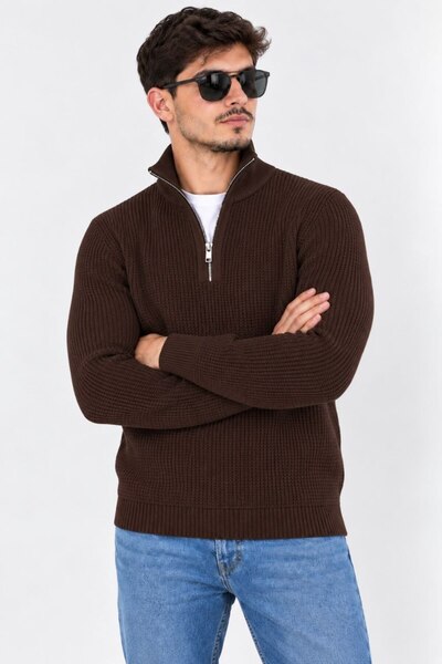 FOSOOL WEAR Men's Knit Sweater, Polo Collar, Zipper, Textured Knit, Long-Slee...