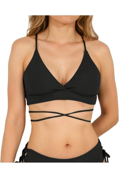 OtherMax Top de bikini triunghi înnodat striat elastic confortabil negru M