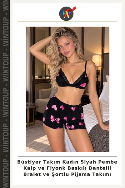 Wintoup Women's Bustier Set: Black and Pink Lace Bralette with Bow Detail and...