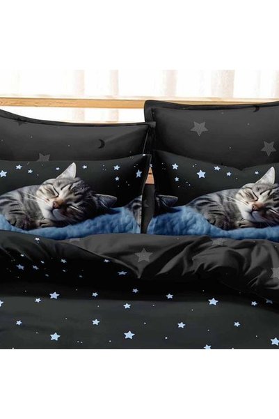 naniland.ro Black bedding for double bed, Duvet Cover 200x230 cm with cats on...