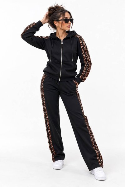 Benedetto New Season Women's Hooded Zip Detail Sweatsuit Set with Leopard Str...