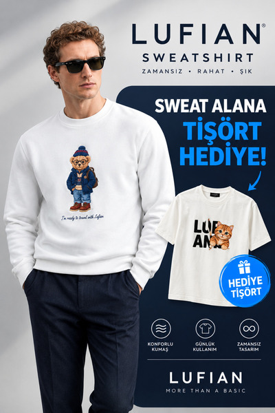 Lufian Erkek Beyaz Baskılı Sweatshirt Teddy Bear + Hediye Basic Tişört