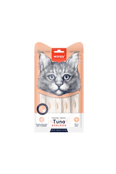 Wanpy Кремообразни лакомства за котки с риба тон и сьомга, 12 броя (5 x 14 г)