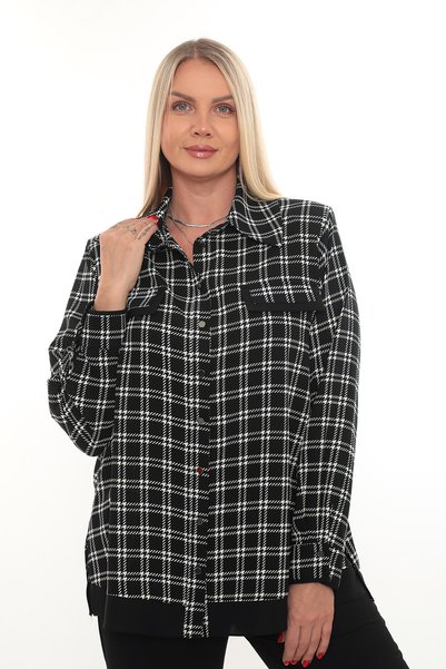 KİFAYET Plus Size (50-56) Women's Shirt: Plaid Print, Shirt Collar, Long-Slee...