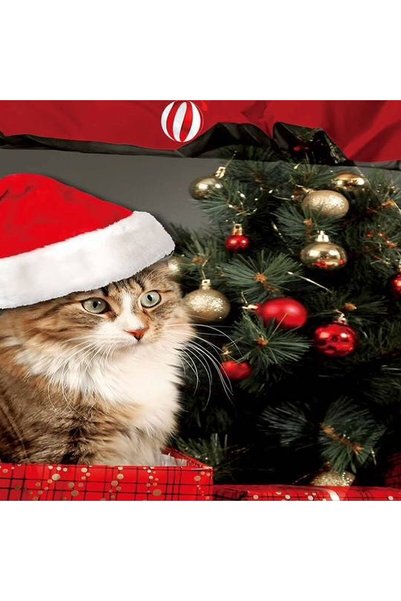 OEM Christmas linen set with a cat in a hat next to a decorated tree, 6 piece...