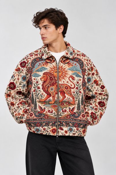 İLKCET MODA Oversized Unisex Jacket with Ethnic Patterned Design