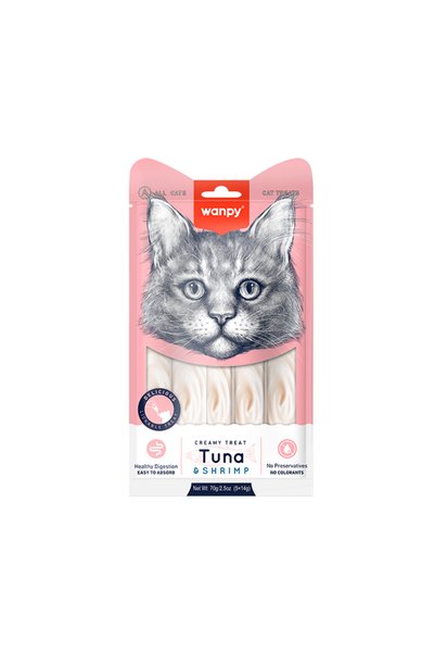 Wanpy Кремообразни лакомства за котки с риба тон и скариди, 12 броя (5 x 14 г)