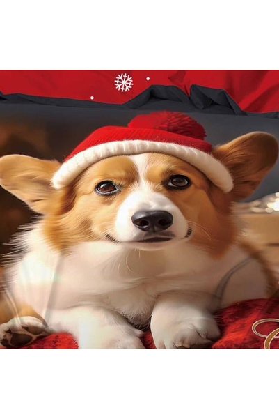 OEM Christmas Duvet Cover Set made of finet, red-haired puppy with a red hat ...