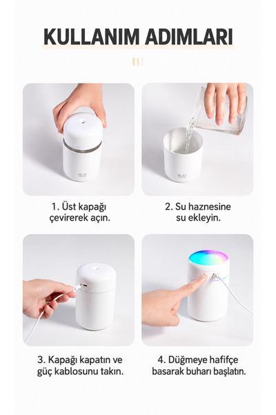 Dexmon Mini Hava Nemlendirici Buhar Makinesi 7 Renkli LED Işıklı USB Şarjlı Taşınabilir Sessiz Çalışan Masaüstü Oda Nemlendirici