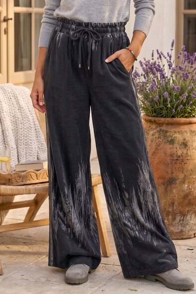 Chiccy Italian Black Velvet Woven Pants with Sequins on the Sides, Wide Leg, ...