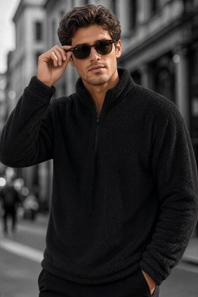 Oksit Fixy Slim Fit, βελουτέ, με μισό φερμουάρ, όρθιο γιακά, χοντρό ανδρικό φ...
