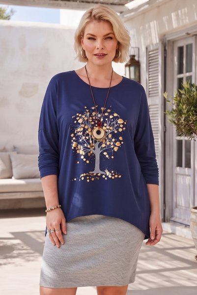 Chiccy Italian Navy Blue Pool-Neck Long-Sleeve Oversized Knit Blouse with Tre...
