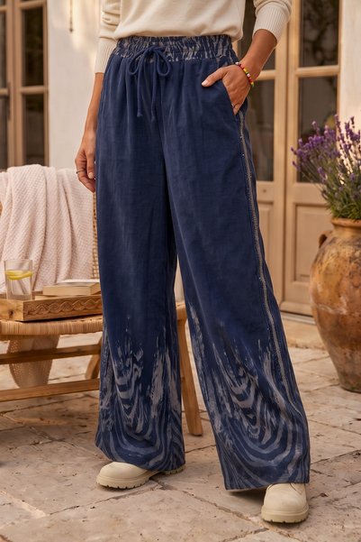 Chiccy Italian Navy Blue Woven Corduroy Pant with Sequined Sides, Wide Leg, a...