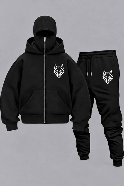 LAND MODA Set de trening unisex oversize, cu glugă, mască și cu fermoar – Negru