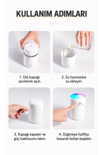 Dexmon Mini Hava Nemlendirici Buhar Makinesi 7 Renkli LED Işıklı USB Şarjlı Taşınabilir Sessiz Çalışan Masaüstü Oda Nemlendirici
