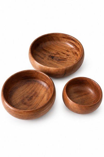 Nordic Home 3'lü Ahşap Kase Seti – 25/19/15 cm Yuvarlak Salata, Meyve ve Çerez Sunum Kasesi
