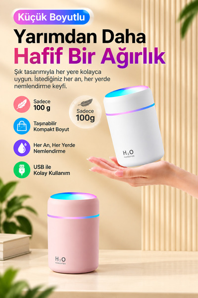 Dexmon Mini Hava Nemlendirici Buhar Makinesi 7 Renkli LED Işıklı USB Şarjlı Taşınabilir Sessiz Çalışan Masaüstü Oda Nemlendirici