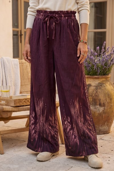 Chiccy Italian Burgundy Velvet Woven Pants with Sequin Accents on the Sides, ...